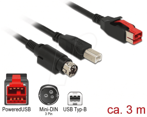 DELOCK 85489 - PoweredUSB Kabel Stecker 24V > USB B + Mini-DIN 3 Pin